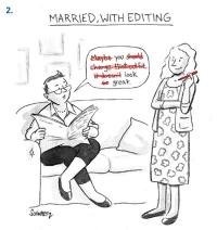 Cartoon titled 'Married, With Editing,' showing a wife editing her husband's comment about her outfit.